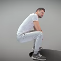 Man Sitting In Gray Sweatpants White T-Shirt Wearing Watch Holding Thermal Cup On Gray Background