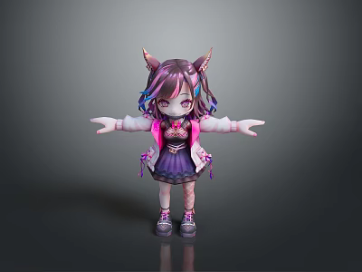 Cute 3D Woman Character With Cat Ears Purple Pink Hair And Purple Dress 3d model