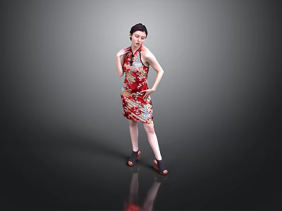 Woman Posing in Red Floral Qipao with Hand on Waist and Neck Against Gray Background 3d model