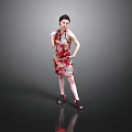 Woman Posing in Red Floral Qipao with Hand on Waist and Neck Against Gray Background