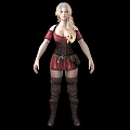 Blonde Woman In Red Off Shoulder Dress With Brown Corset And Boots From Multiple Angles