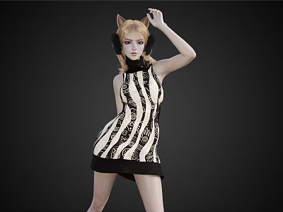 Woman With Cat Ears Wearing Black And White Striped Dress On Black Background 3d model