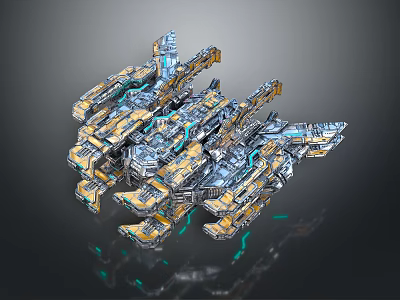 Futuristic Sci Fi Mechanical Structure with Complex Metal Frames Blue Yellow Components and Three Dimensional 3d model