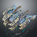 Futuristic Sci Fi Mechanical Structure with Complex Metal Frames Blue Yellow Components and Three Dimensional 3d model