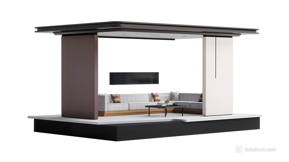 Modern Pergola Structure With Gray Sofa Coffee Table And Open Space Design 3d model 