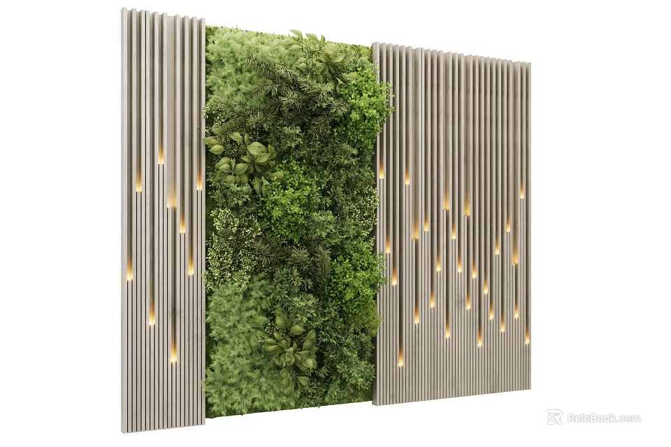Green Plant Wall with Vertical Wooden Panels and Illuminated Design Elements 3d model 