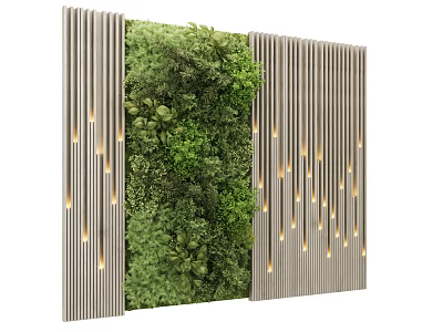 Green Plant Wall with Vertical Wooden Panels and Illuminated Design Elements 3d model