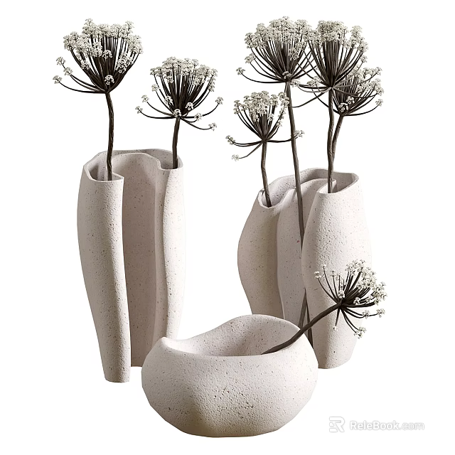 Elegant Modern Ceramic Vases with Dried Flowers and Unique Design 3d model 
