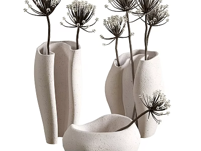 Elegant Modern Ceramic Vases with Dried Flowers and Unique Design 3d model