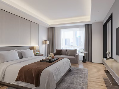 Modern Hotel Guest Room Interior With Comfortable Bed Sofa Soft Rug and City View Window 3d model