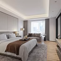 Modern Hotel Guest Room Interior With Comfortable Bed Sofa Soft Rug and City View Window 3d model