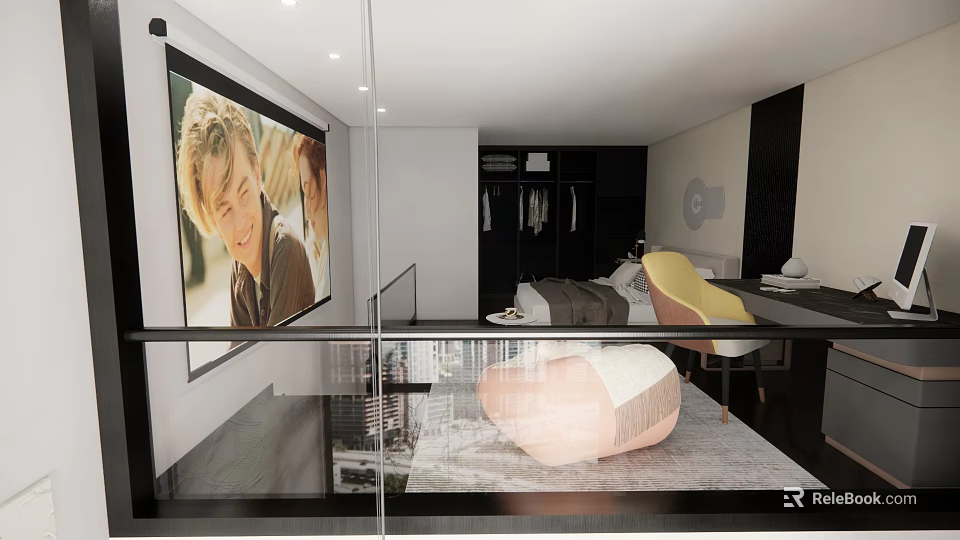 Modern Apartment With Large Screen TV Glass Railing Open Space And Pink Bean Bag Chair 3d model 