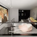 Modern Apartment With Large Screen TV Glass Railing Open Space And Pink Bean Bag Chair