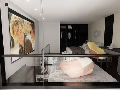 Modern Apartment With Large Screen TV Glass Railing Open Space And Pink Bean Bag Chair 3d model