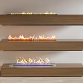 Three Modern Wooden Wall Mounted Layered Fireplaces With Bright Burning Flames