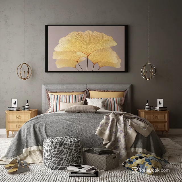 Cozy Double Bed With Gray Headboard Pillows Blanket Wooden Nightstands Ginkgo Painting And Pendant Lights 3d model 