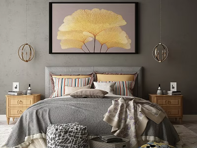 Cozy Double Bed With Gray Headboard Pillows Blanket Wooden Nightstands Ginkgo Painting And Pendant Lights 3d model