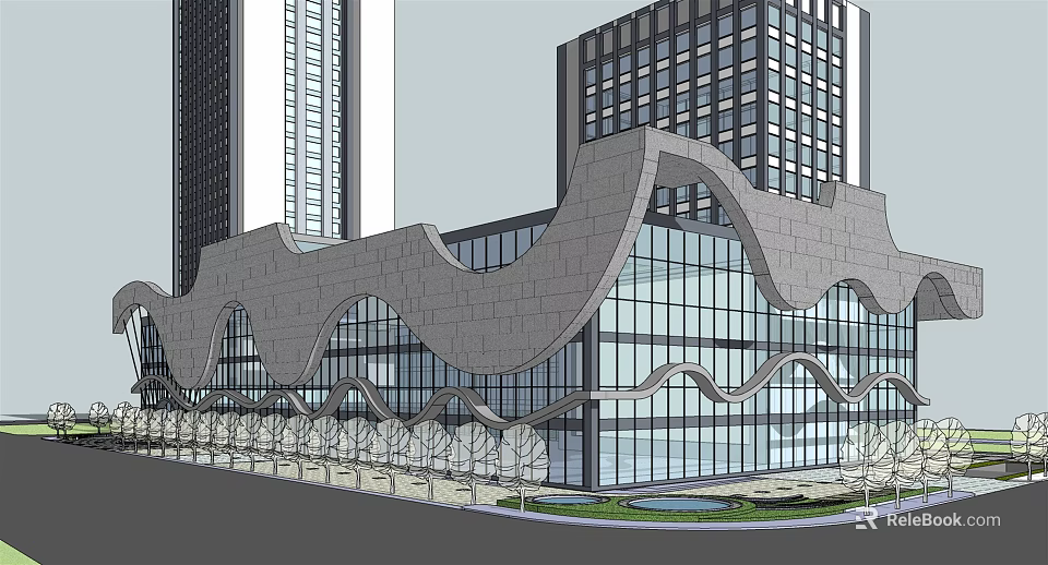 Modern Hotel Building With Wavy Exterior Glass Curtain Wall And Landscaped Gardens 3d model 