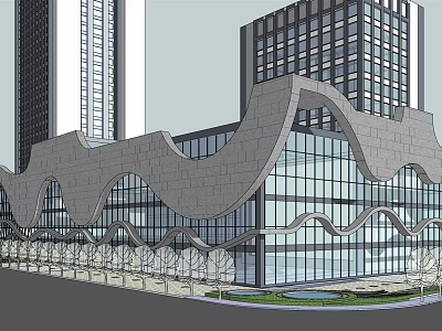 Modern Hotel Building With Wavy Exterior Glass Curtain Wall And Landscaped Gardens 3d model