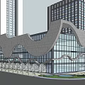 Modern Hotel Building With Wavy Exterior Glass Curtain Wall And Landscaped Gardens
