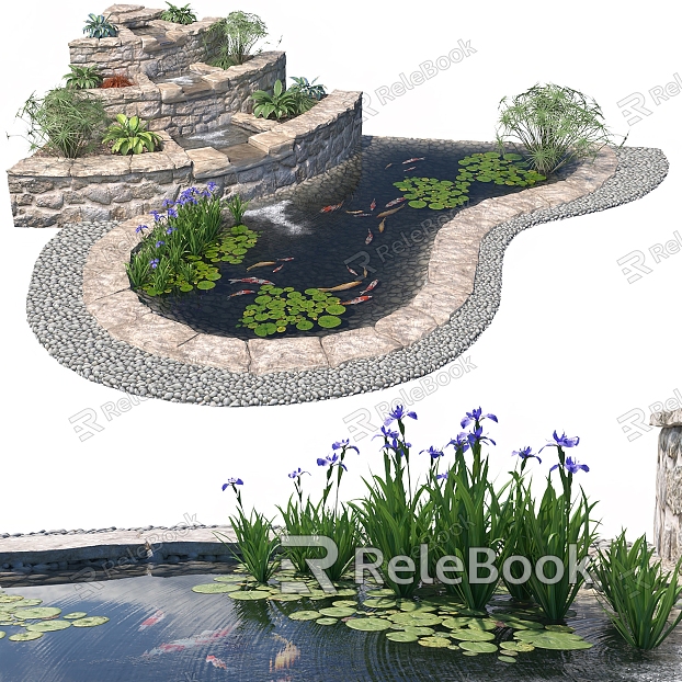 Modern Fish Pond Garden Waterfall Fish Pond Waterscape Rock Landscape model