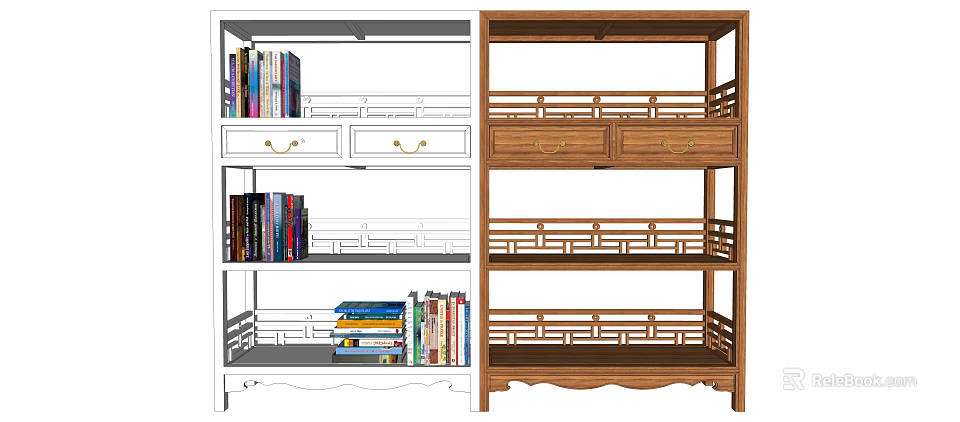 Wooden Bookcase With Multiple Open Shelves And Drawers For Book Storage 3d model 