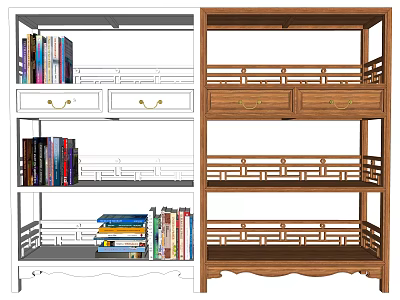 Wooden Bookcase With Multiple Open Shelves And Drawers For Book Storage 3d model