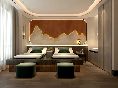 Elegant SPA Sauna Interior With Two Massage Beds Wavy Wooden Wall And Green Stools 3d model
