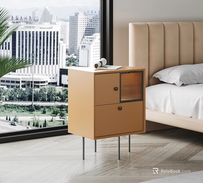 Light Brown Bedroom Bedside Table with Two Drawers Glass Panel and Metal Legs 3d model 