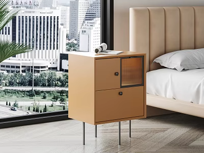 Light Brown Bedroom Bedside Table with Two Drawers Glass Panel and Metal Legs 3d model