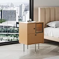 Light Brown Bedroom Bedside Table with Two Drawers Glass Panel and Metal Legs