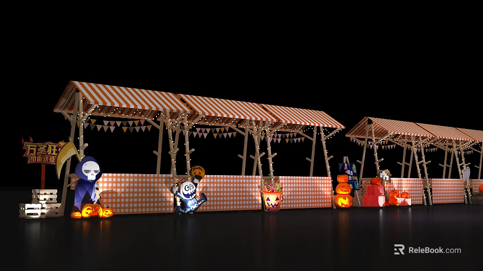 Halloween Festive Setup With Striped Tents Pumpkin Lanterns And Cartoon Figures 3d model 