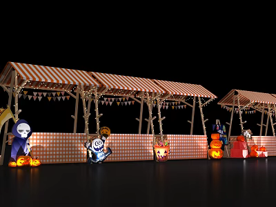 Halloween Festive Setup With Striped Tents Pumpkin Lanterns And Cartoon Figures 3d model