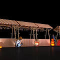 Halloween Festive Setup With Striped Tents Pumpkin Lanterns And Cartoon Figures
