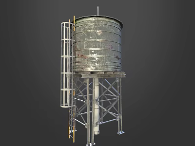 Industrial Metal Water Tower With Rusty Surface And Ladder Support Structure 3d model