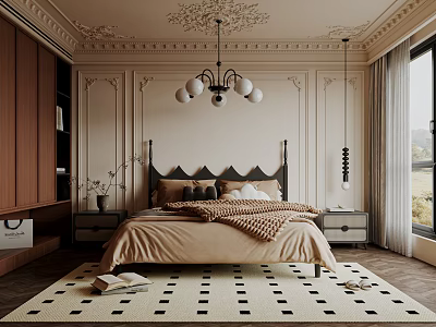 Elegant Bedroom Interior Design With Upholstered Headboard And Patterned Rug 3d model