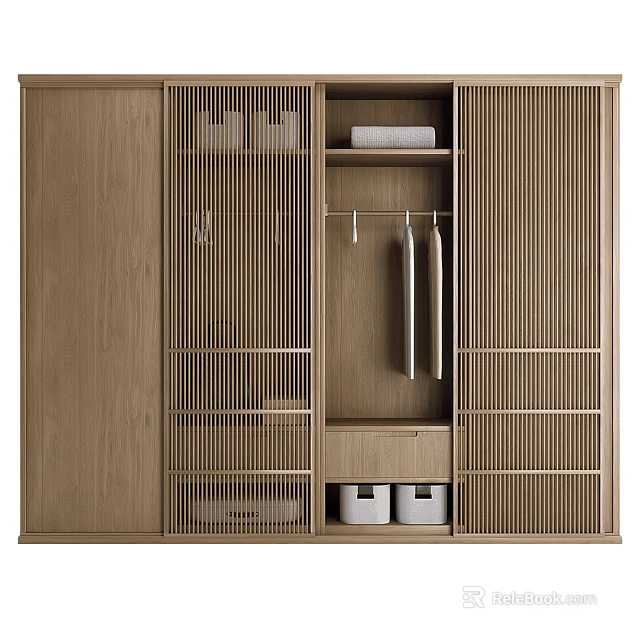 Modern Wooden Wardrobe With Vertical Striped Glass Doors Open Storage Hanging Rod And Storage Bins 3d model 
