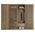Modern Wooden Wardrobe With Vertical Striped Glass Doors Open Storage Hanging Rod And Storage Bins