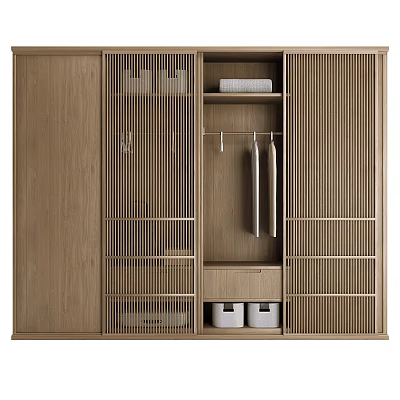 Modern Wooden Wardrobe With Vertical Striped Glass Doors Open Storage Hanging Rod And Storage Bins 3d model