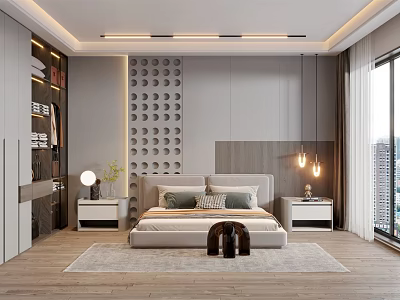 Modern Bedroom Interior With Circular Hole Patterned Wall Panel Wooden Flooring And Large Windows 3d model