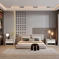 Modern Bedroom Interior With Circular Hole Patterned Wall Panel Wooden Flooring And Large Windows
