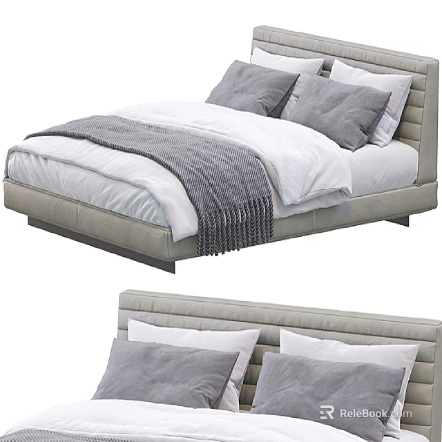 Modern Double Bed With Grey Headboard White Sheets Grey Pillows And Blanket 3d model