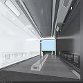 Person in Protective Suit in Long White Corridor With Side Equipment End Window and Green Trees
