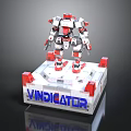 Red and White Robot Model on VINDICATOR Display Stand with Mechanical Design