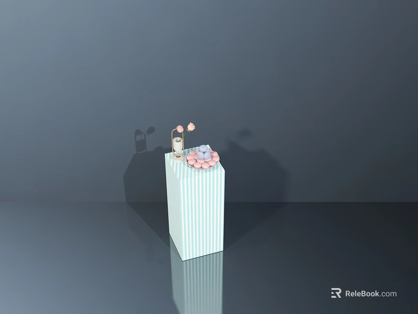 Decorative Striped Box With Small Flowers And Statue On Reflective Surface 3d model