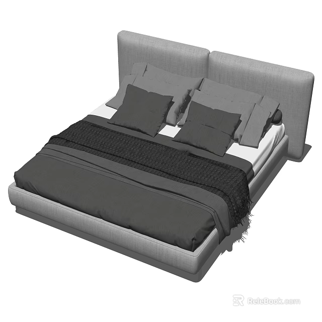 Modern Upholstered Double Bed With Gray Headboard Dark Bedspread And Pillows 3d model