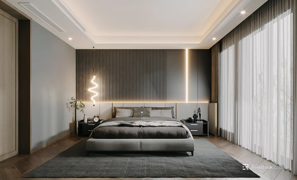 Modern Elegant Bedroom With Vertical Striped Wall Curved Light Fixture Nightstands And Area Rug 3d model 
