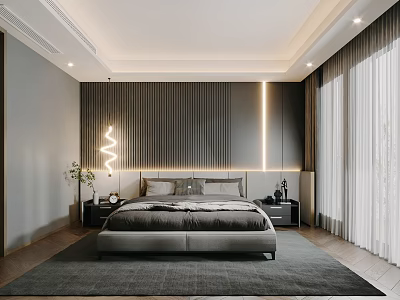 Modern Elegant Bedroom With Vertical Striped Wall Curved Light Fixture Nightstands And Area Rug 3d model