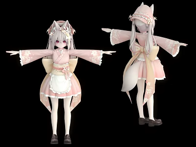 Anime Woman In Pink Kimono Dress White Apron Hat Gray Hair Cat Ears Arms Outstretched 3d model