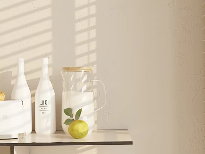 Decorative Ornament Set with White JIO Bottles Glass Pitcher Lemon Against Beige Wall Sunlight Shadows 3d model